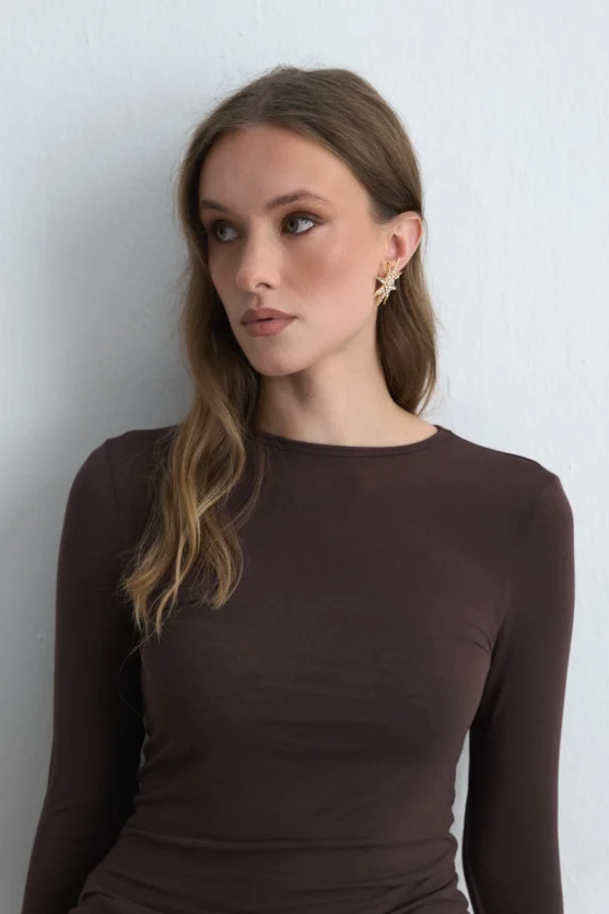 Crew Neck Cashmere Blouse Brown - 3