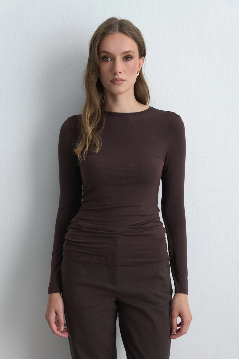 Crew Neck Cashmere Blouse Brown - 1