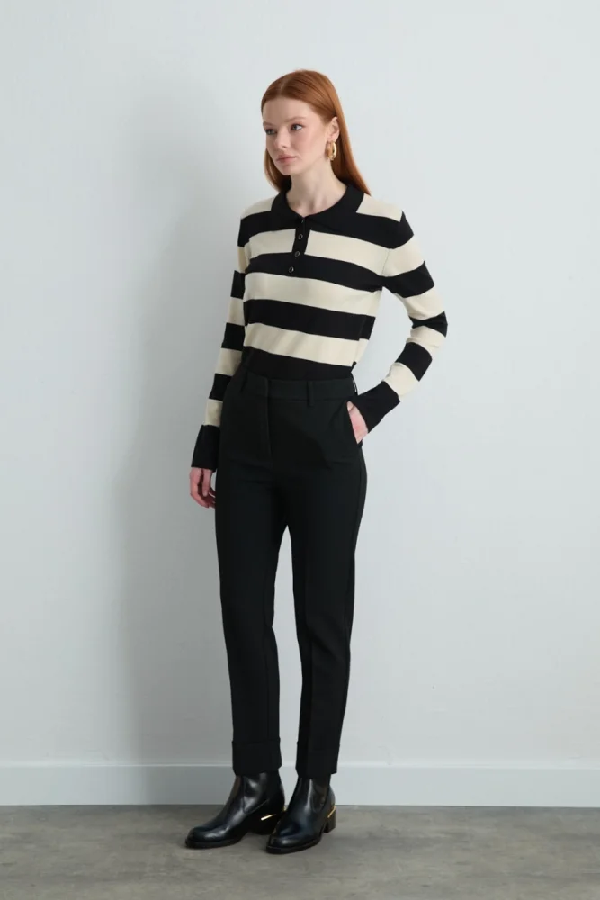 Double Hem High Waist Pants Black Black