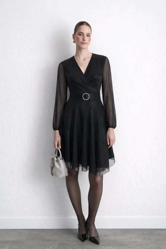 Envelope Cut Sparkling Evening Gown Black - 1