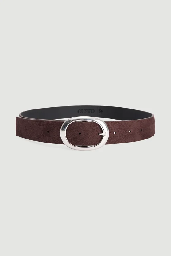 Faux Suede Belt with Silver Buckle Brown - 1