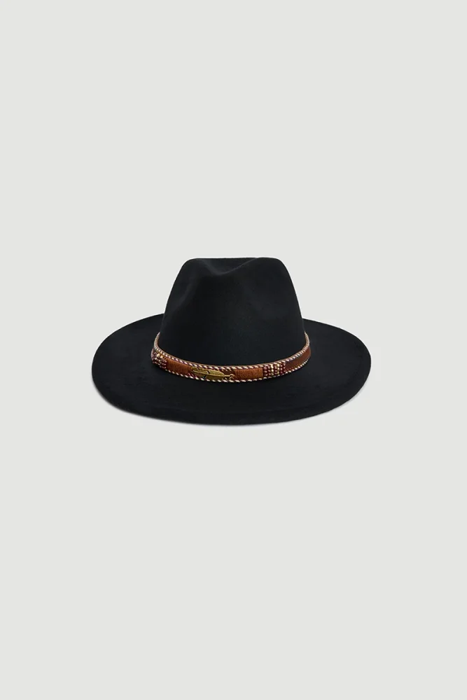 Faux Suede Fedora Hat with Accessory Black Black
