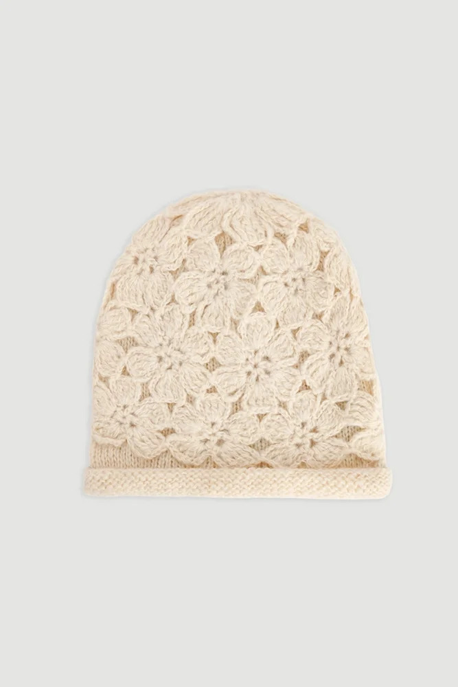 Floral Knit Beanie Beige Beige