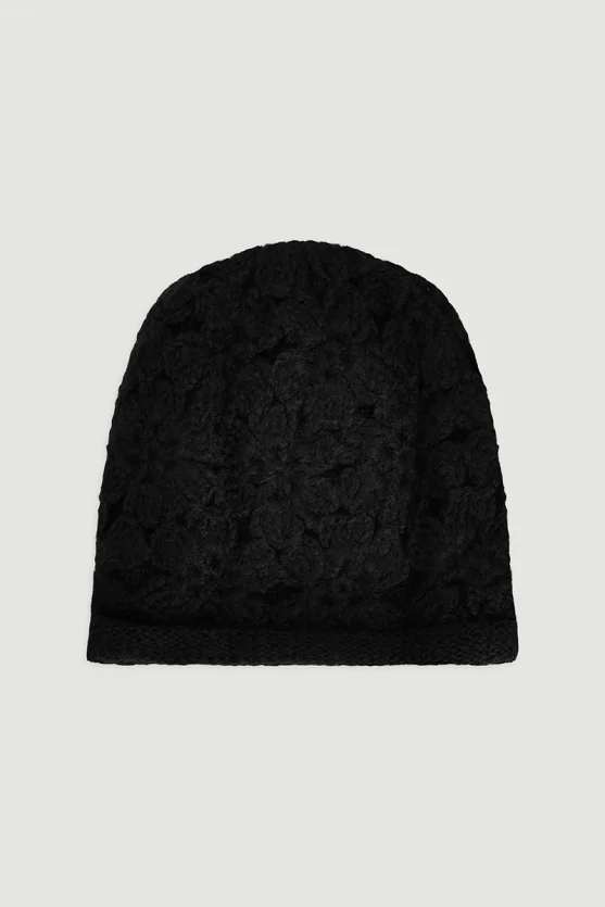 Floral Knit Beanie Black - 1