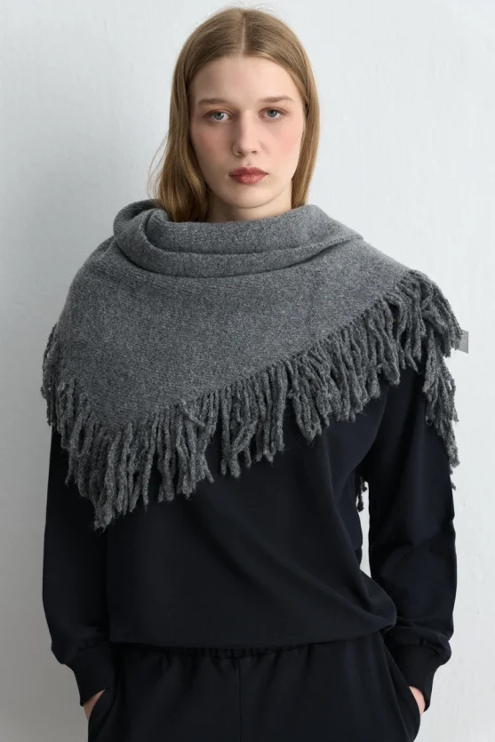 Fringed Triangular Wool Shawl Gray - 7