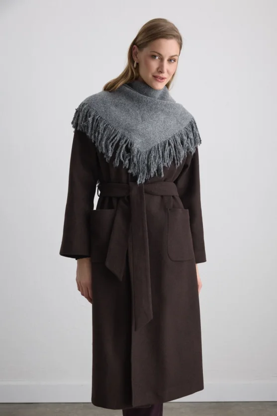 Fringed Triangular Wool Shawl Gray - 5