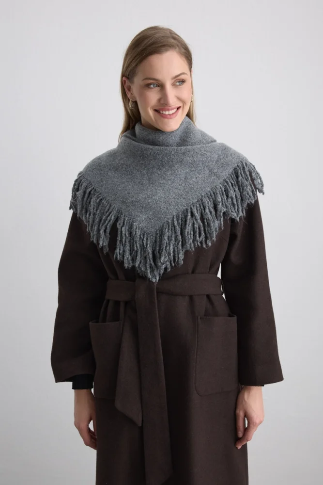 Fringed Triangular Wool Shawl Gray Gray