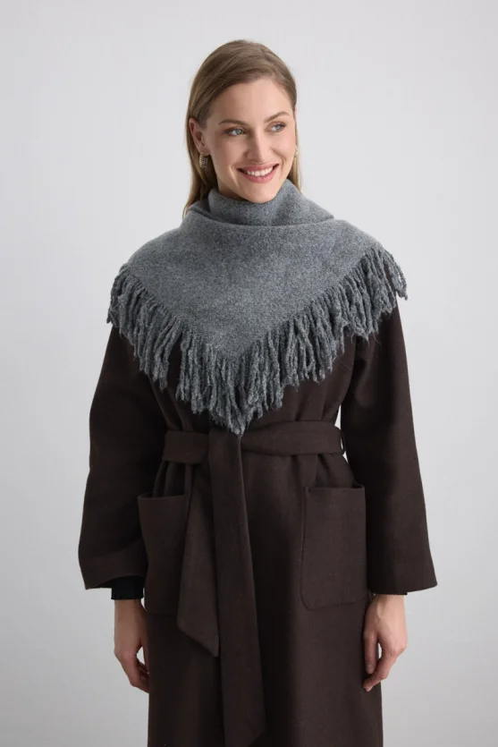 Fringed Triangular Wool Shawl Gray - 1