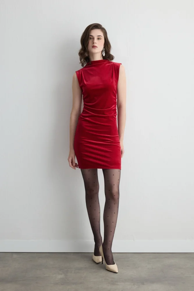 High Neck Sleeveless Velvet Mini Dress Red