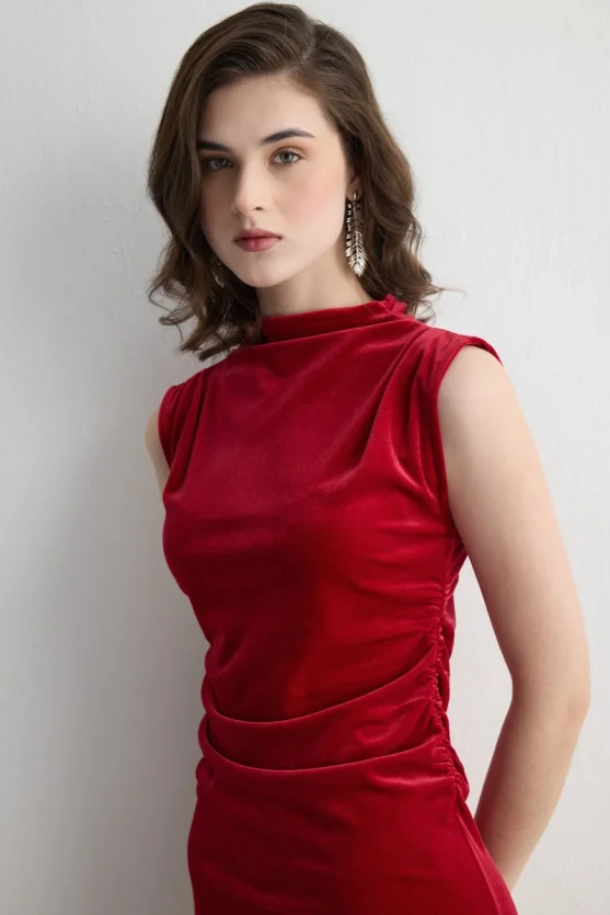 High Neck Sleeveless Velvet Mini Dress Red - 7