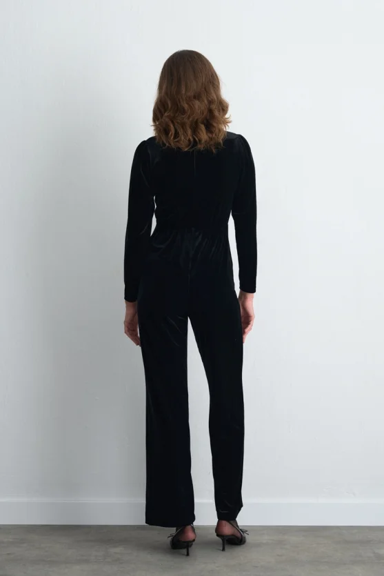 High Neck Velvet Jumpsuit Black - 4