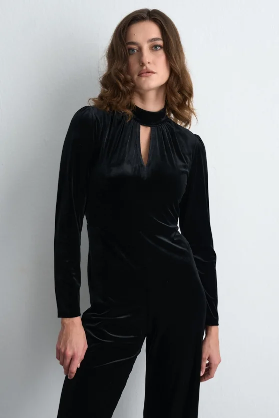 High Neck Velvet Jumpsuit Black - 2