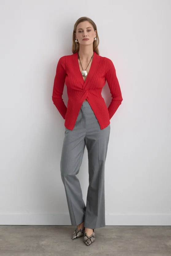 Knot Detail Viscose Knit Blouse Red - 3
