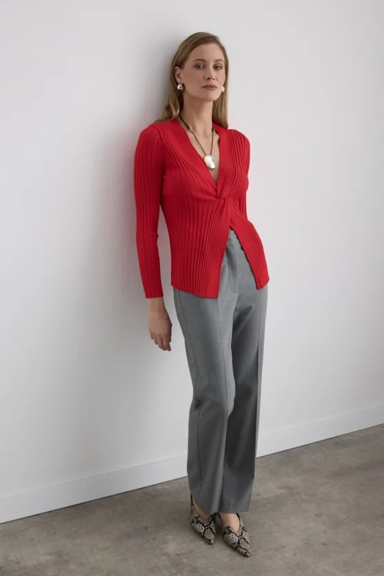 Knot Detail Viscose Knit Blouse Red - 4
