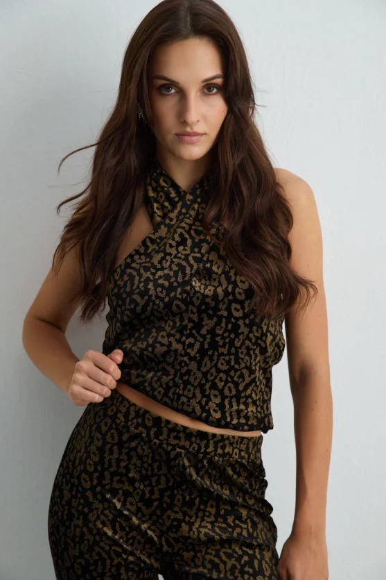 Leopard Patterned Velvet Flared Pants Black - 3