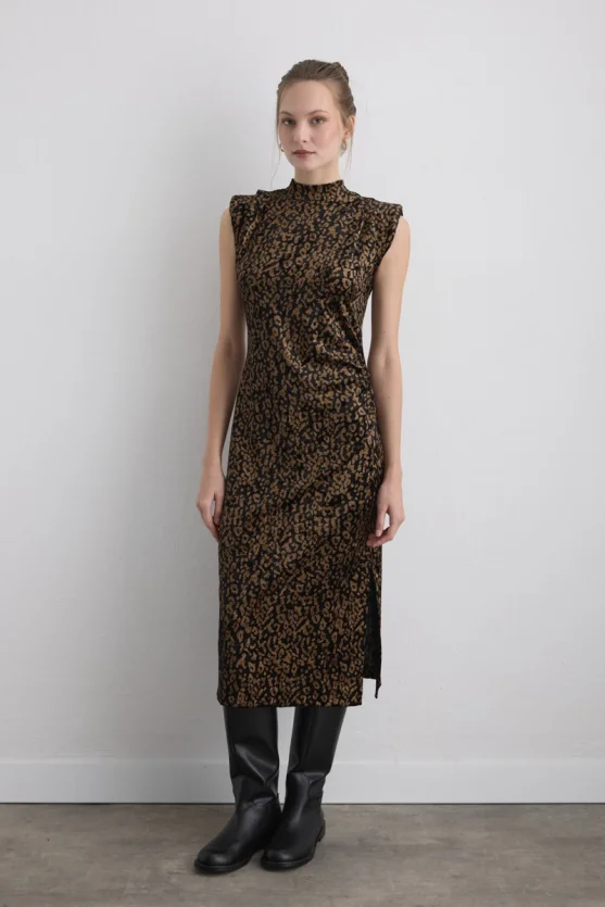 Leopard Print Long Velvet Dress Black - 1