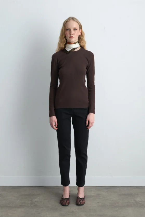 Long Sleeve Basic Cotton T Shirt Brown - 3