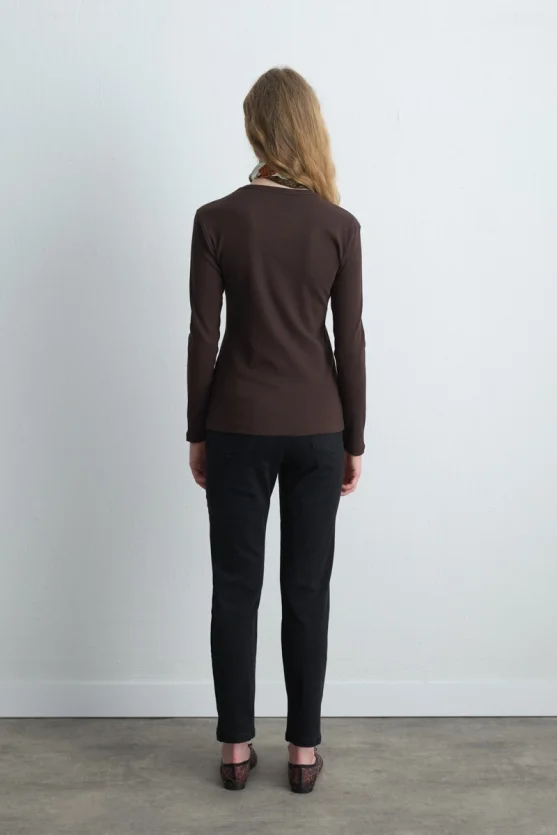 Long Sleeve Basic Cotton T Shirt Brown - 4
