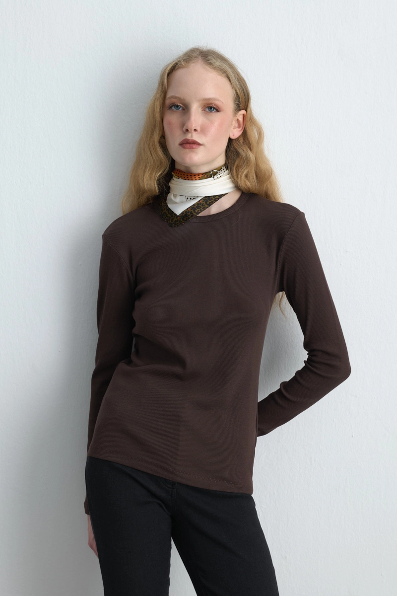 Long Sleeve Basic Cotton T Shirt Brown - 1