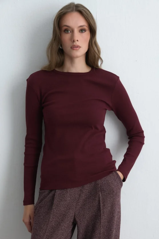 Long Sleeve Basic Cotton T Shirt Burgundy - 2