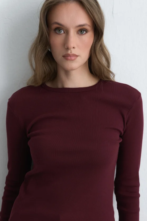 Long Sleeve Basic Cotton T Shirt Burgundy - 3