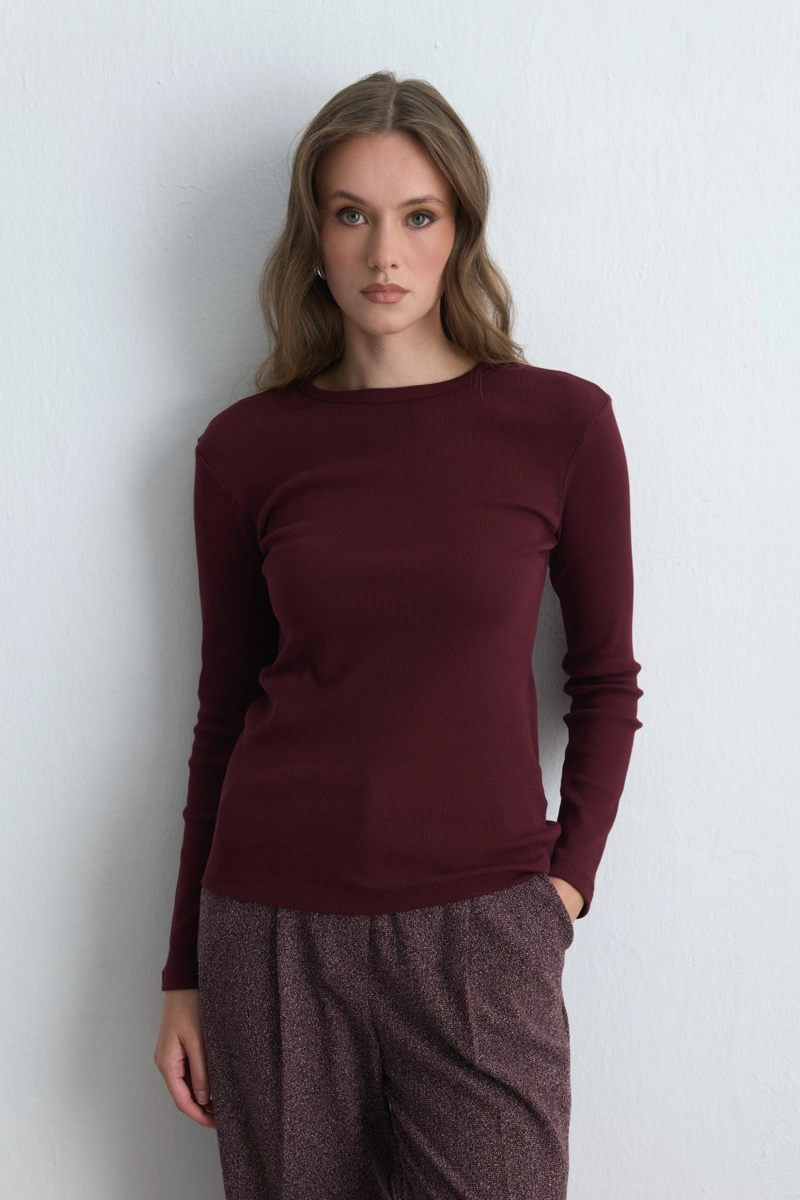 Long Sleeve Basic Cotton T Shirt Burgundy