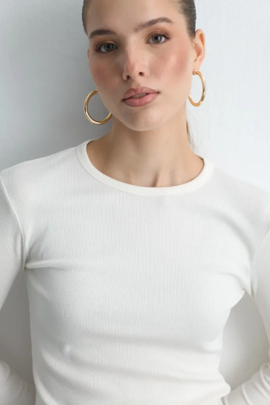 Long Sleeve Basic Cotton T Shirt Ecru - 3