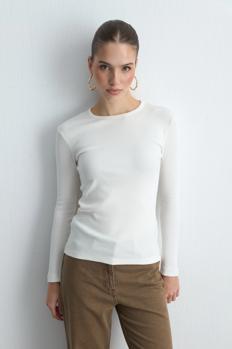 Long Sleeve Basic Cotton T Shirt Ecru - 1