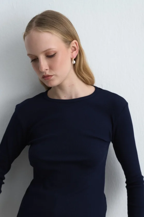 Long Sleeve Basic Cotton T Shirt Navy Blue - 3