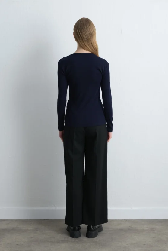 Long Sleeve Basic Cotton T Shirt Navy Blue - 6