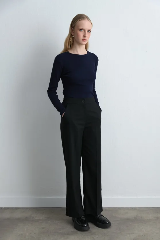 Long Sleeve Basic Cotton T Shirt Navy Blue - 5