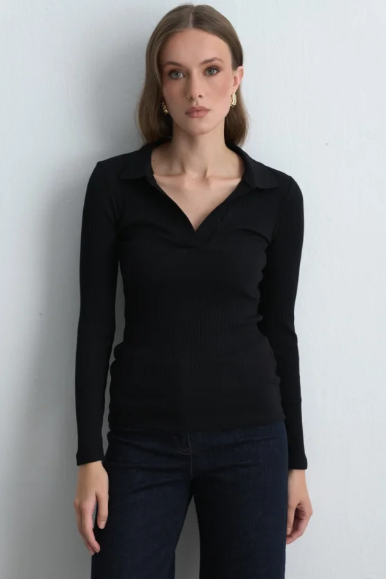 Polo Collar Cotton Knit Blouse Black - 2