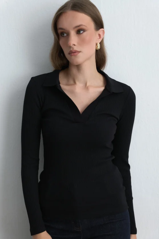 Polo Collar Cotton Knit Blouse Black - 3
