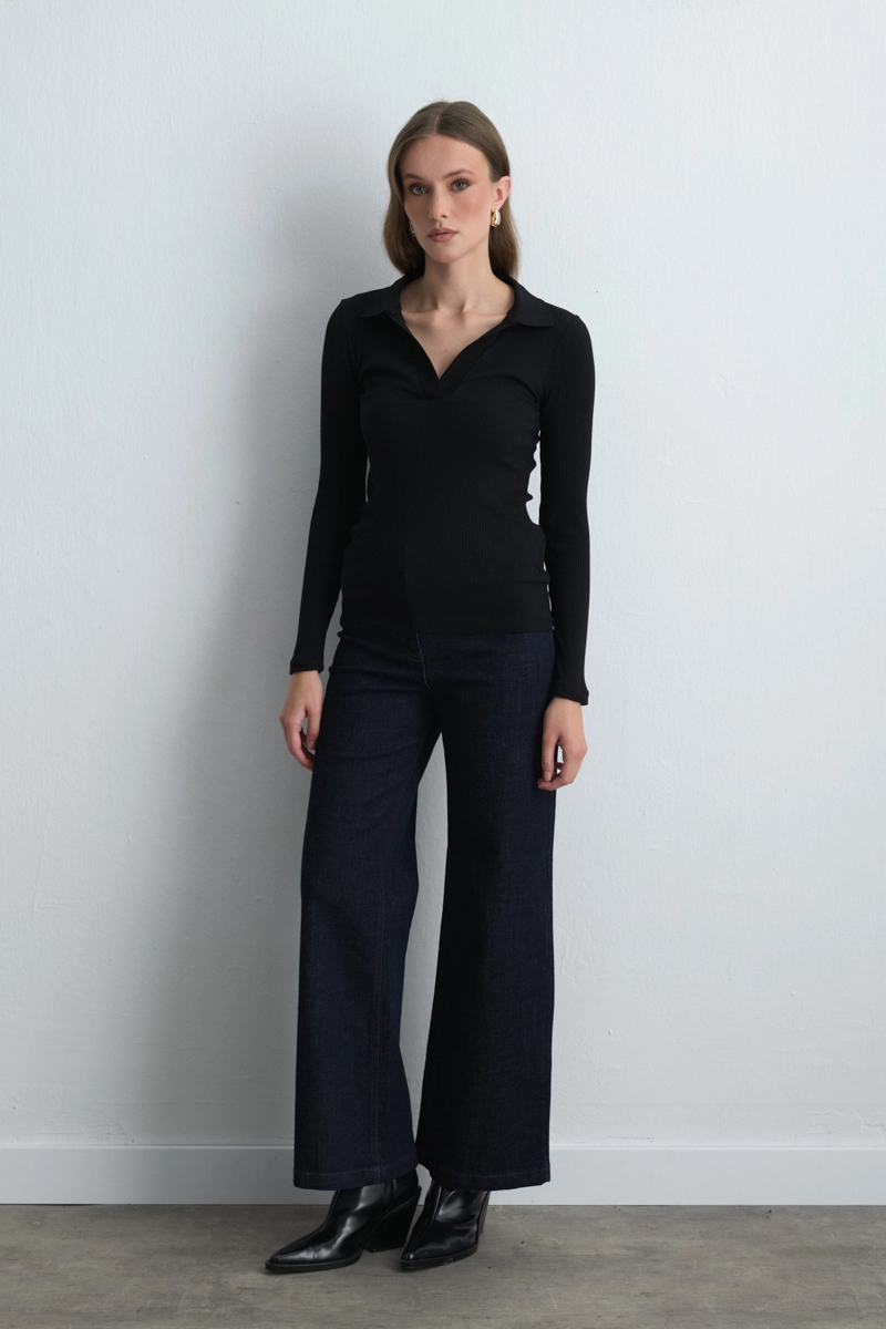 Polo Collar Cotton Knit Blouse Black - 1