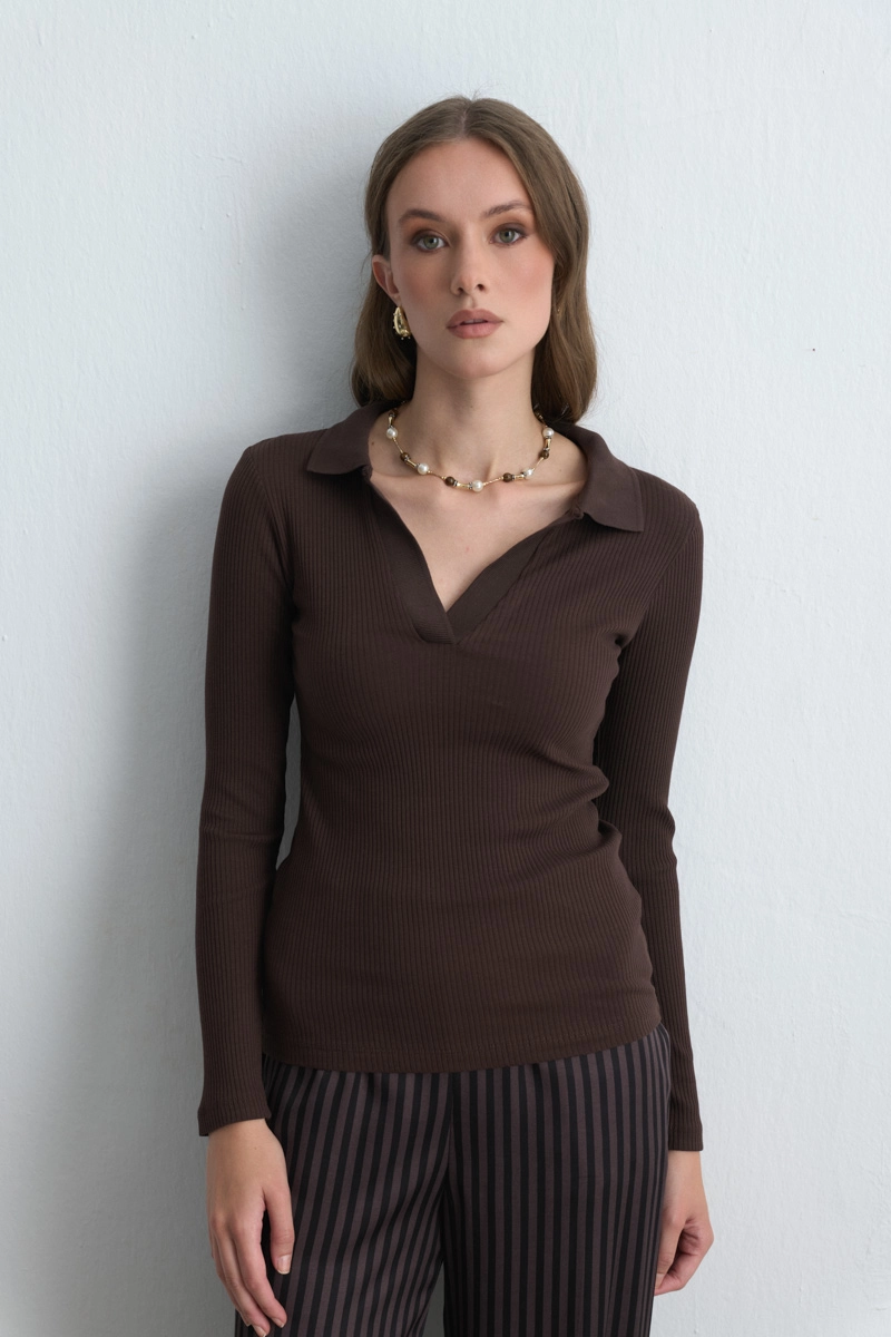 Polo Collar Cotton Knit Blouse Brown
