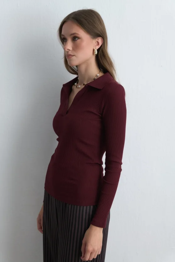 Polo Collar Cotton Knit Blouse Burgundy - 4