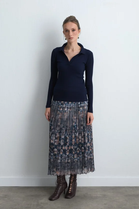 Polo Collar Cotton Knit Blouse Navy Blue - 3