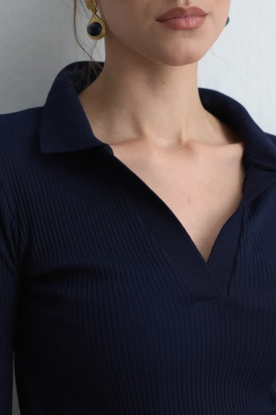Polo Collar Cotton Knit Blouse Navy Blue - 4