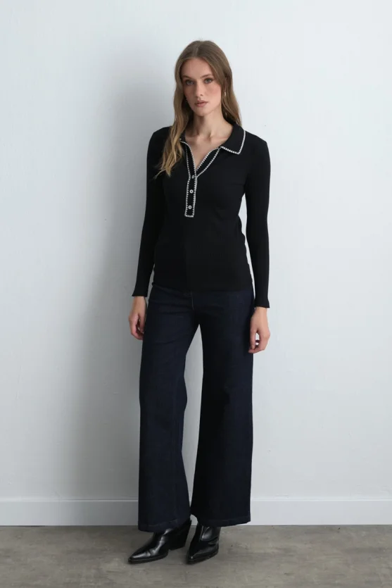 Polo Collar Embroidered Ribbed Blouse Black - 3