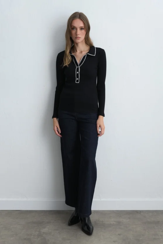 Polo Collar Embroidered Ribbed Blouse Black - 4