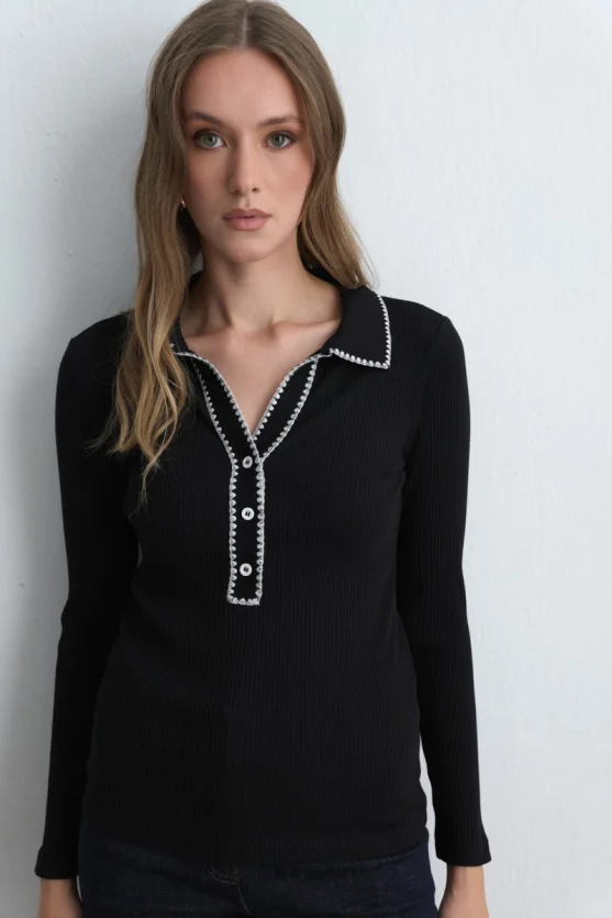 Polo Collar Embroidered Ribbed Blouse Black - 5