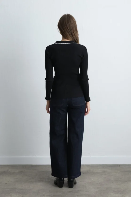 Polo Collar Embroidered Ribbed Blouse Black - 6