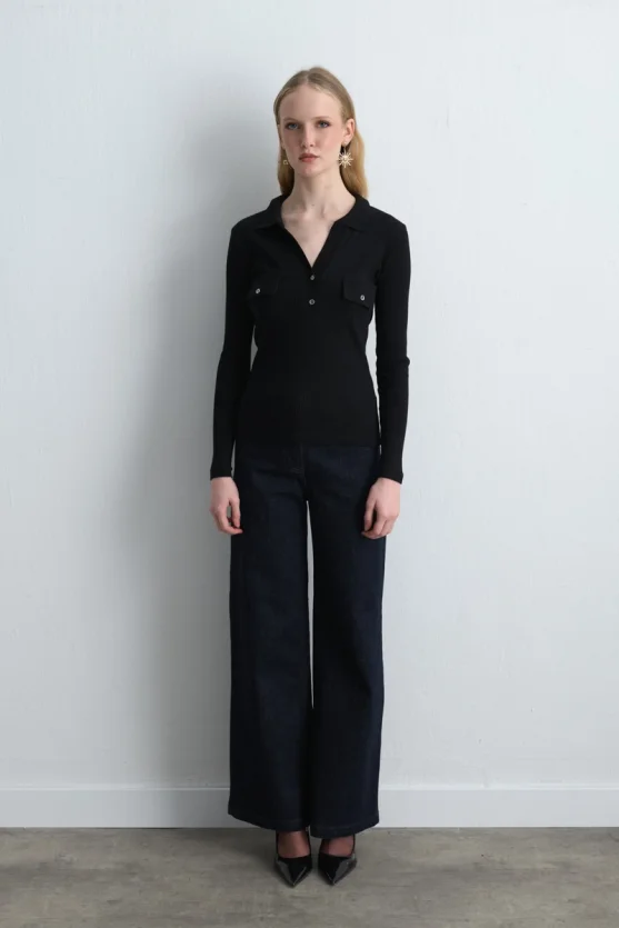 Polo Collar Ribbed Blouse Black - 3