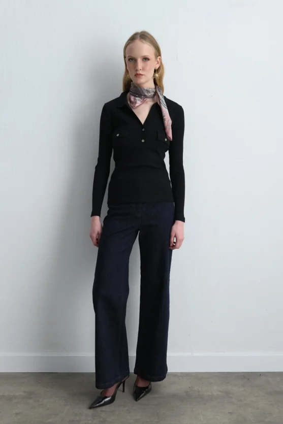 Polo Collar Ribbed Blouse Black - 4