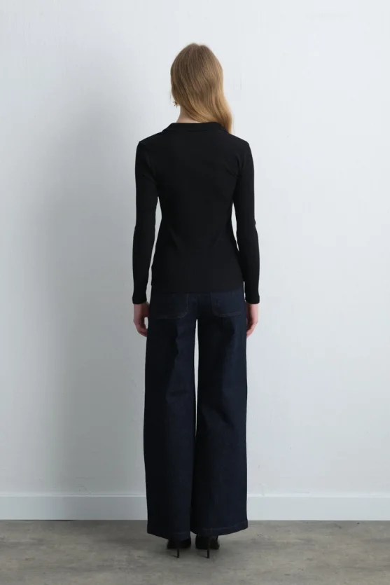Polo Collar Ribbed Blouse Black - 5