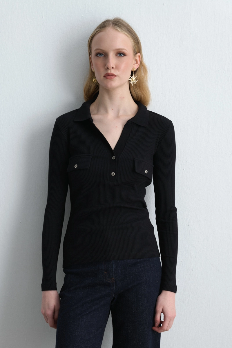 Polo Collar Ribbed Blouse Black - 2