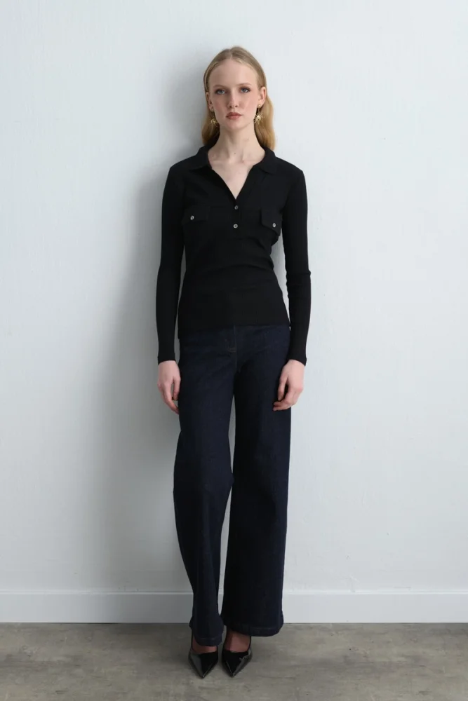 Polo Collar Ribbed Blouse Black