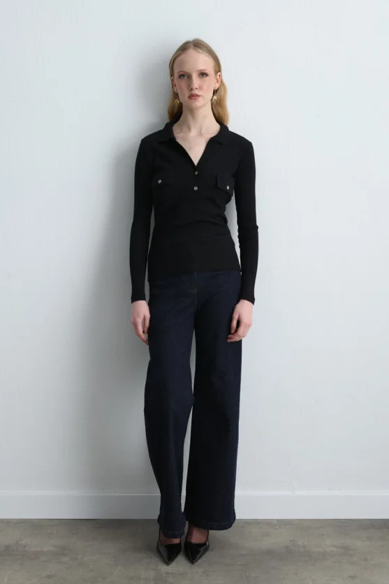 Polo Collar Ribbed Blouse Black - 1