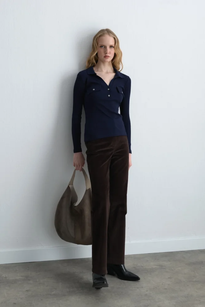 Polo Collar Ribbed Blouse Navy Blue Navy Blue