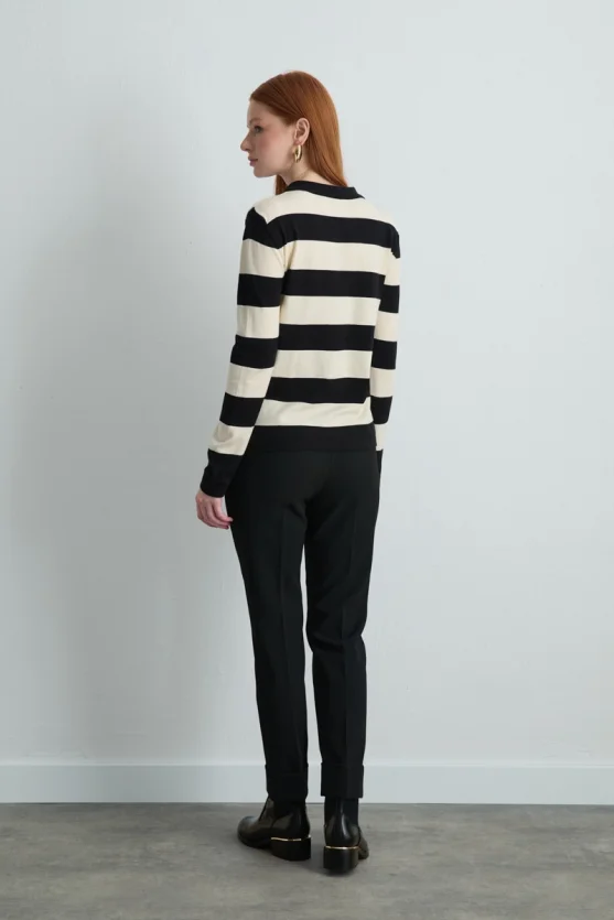 Polo Neck Striped Knit Blouse Black - 3